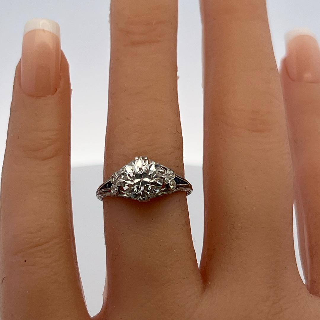 Platinum Art Deco Ring with 2.1ct Circular Brilliant Diamond 0.08ct Sapphire GIA