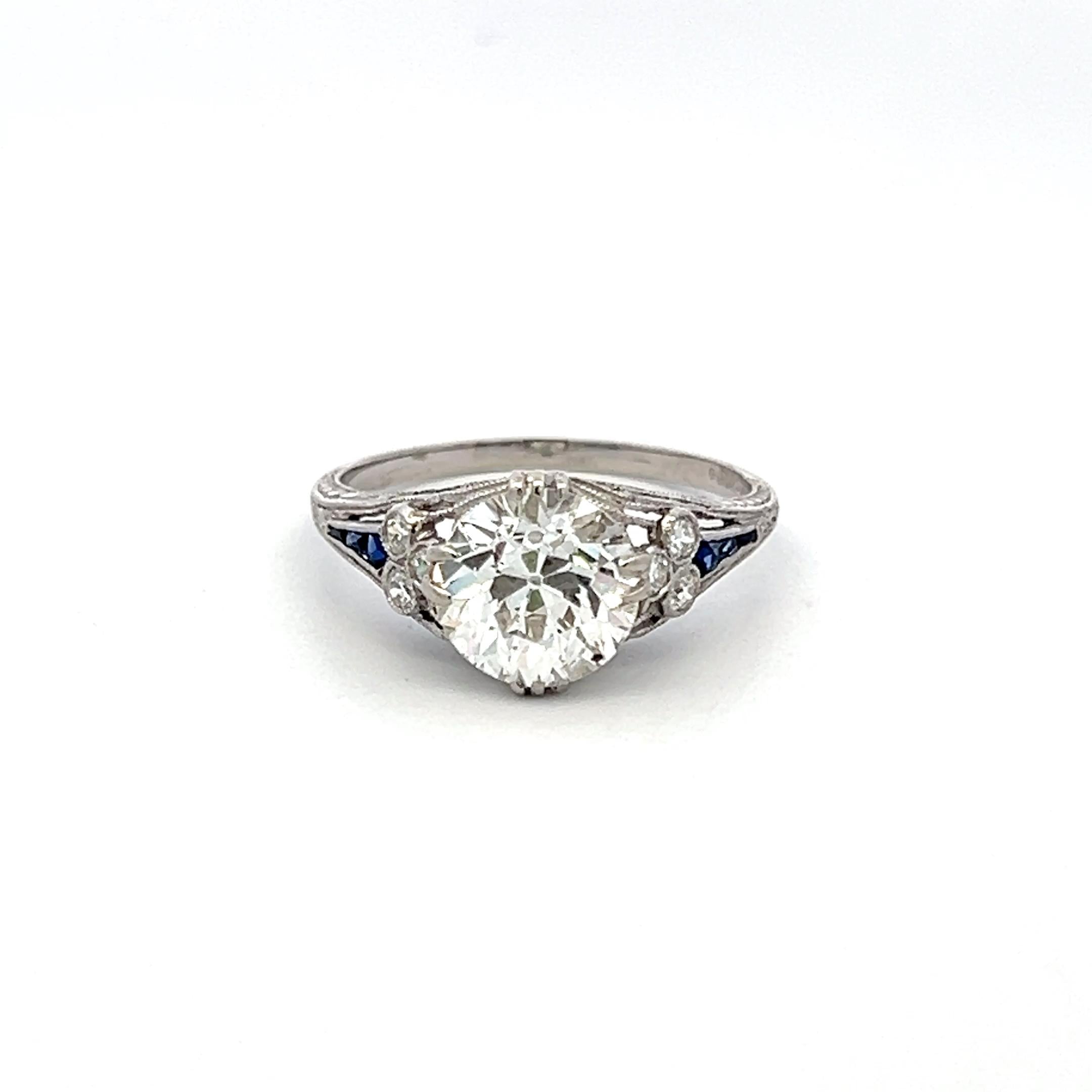 Platinum Art Deco Ring with 2.1ct Circular Brilliant Diamond 0.08ct Sapphire GIA