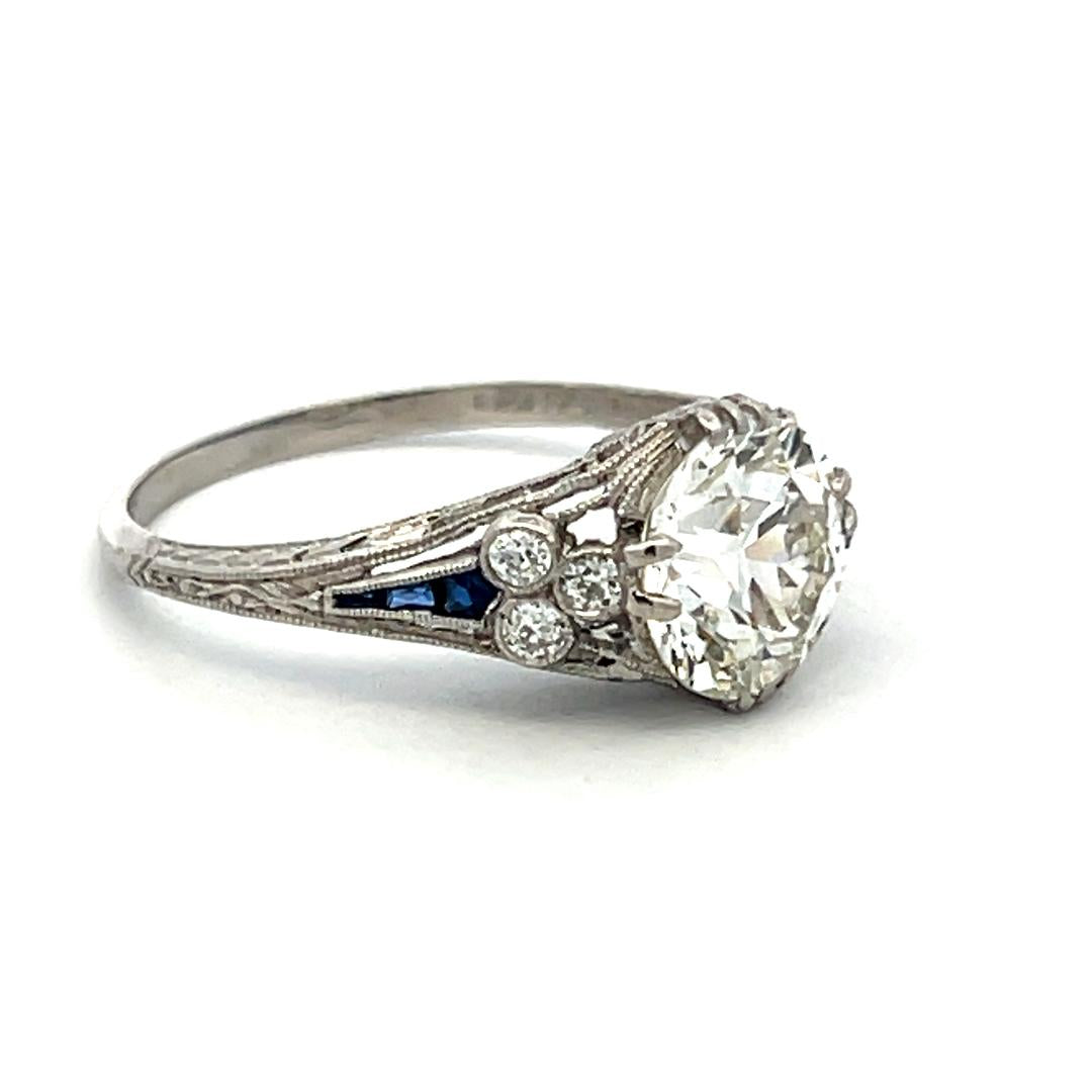 Platinum Art Deco Ring with 2.1ct Circular Brilliant Diamond 0.08ct Sapphire GIA