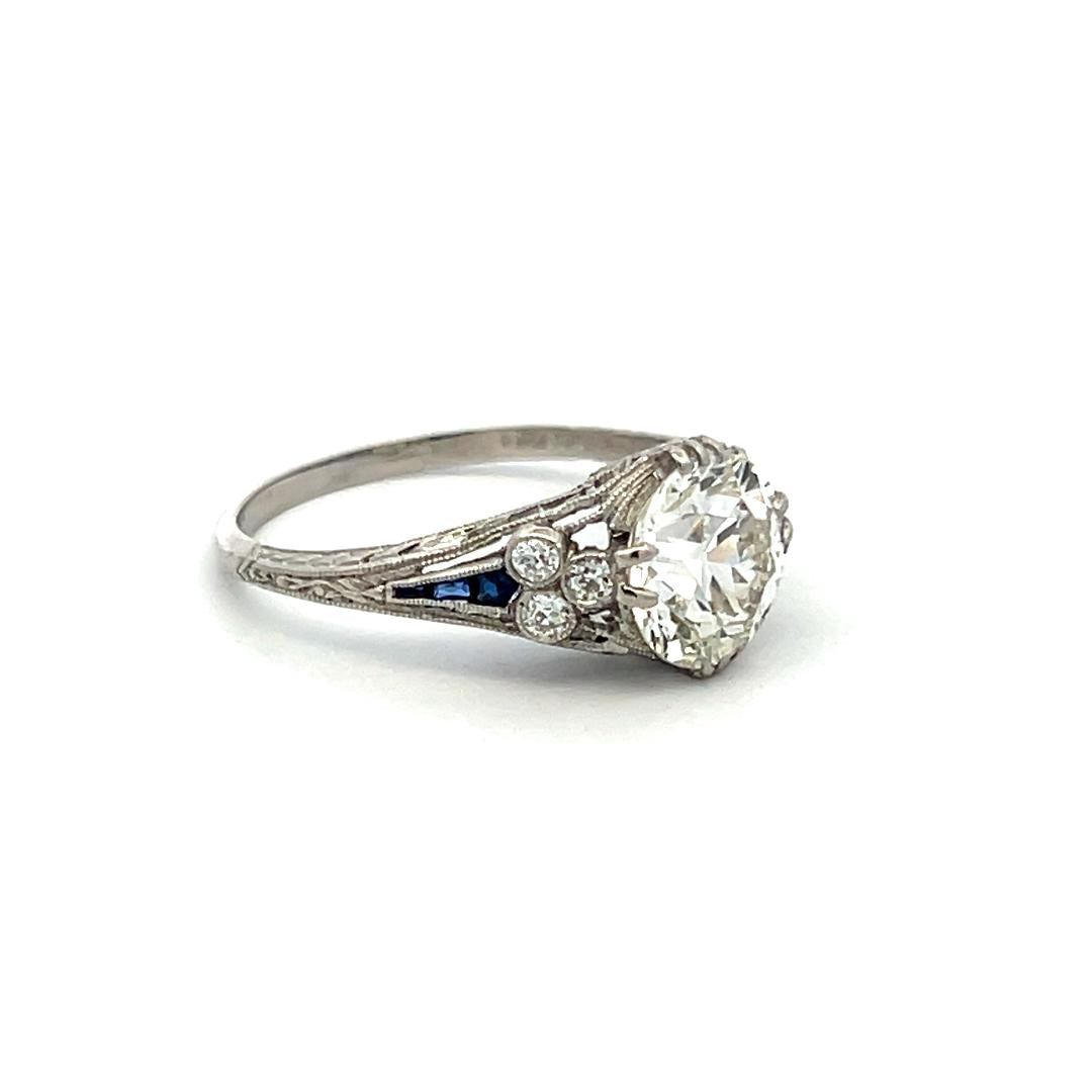 Platinum Art Deco Ring with 2.1ct Circular Brilliant Diamond 0.08ct Sapphire GIA