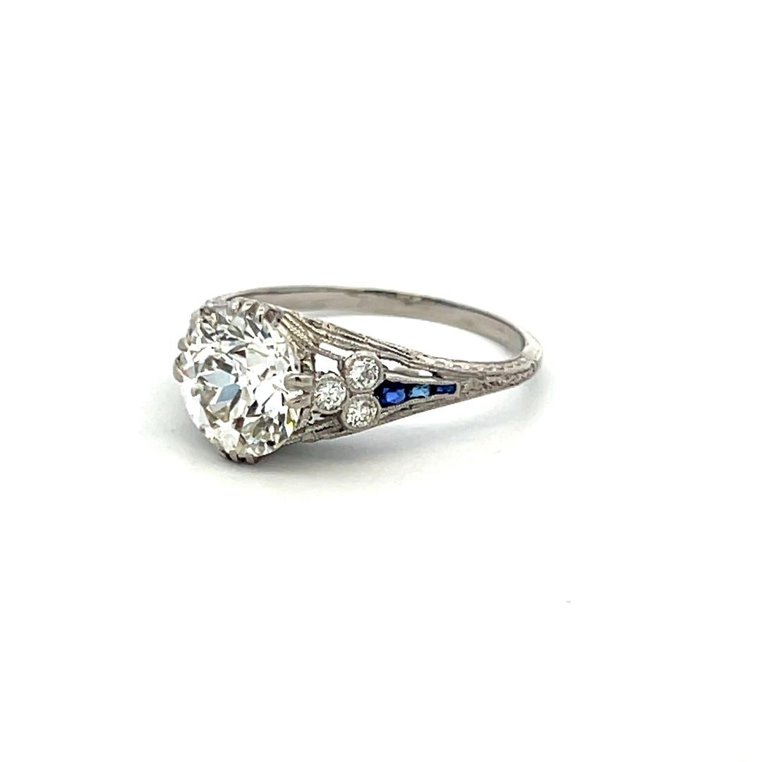 Platinum Art Deco Ring with 2.1ct Circular Brilliant Diamond 0.08ct Sapphire GIA