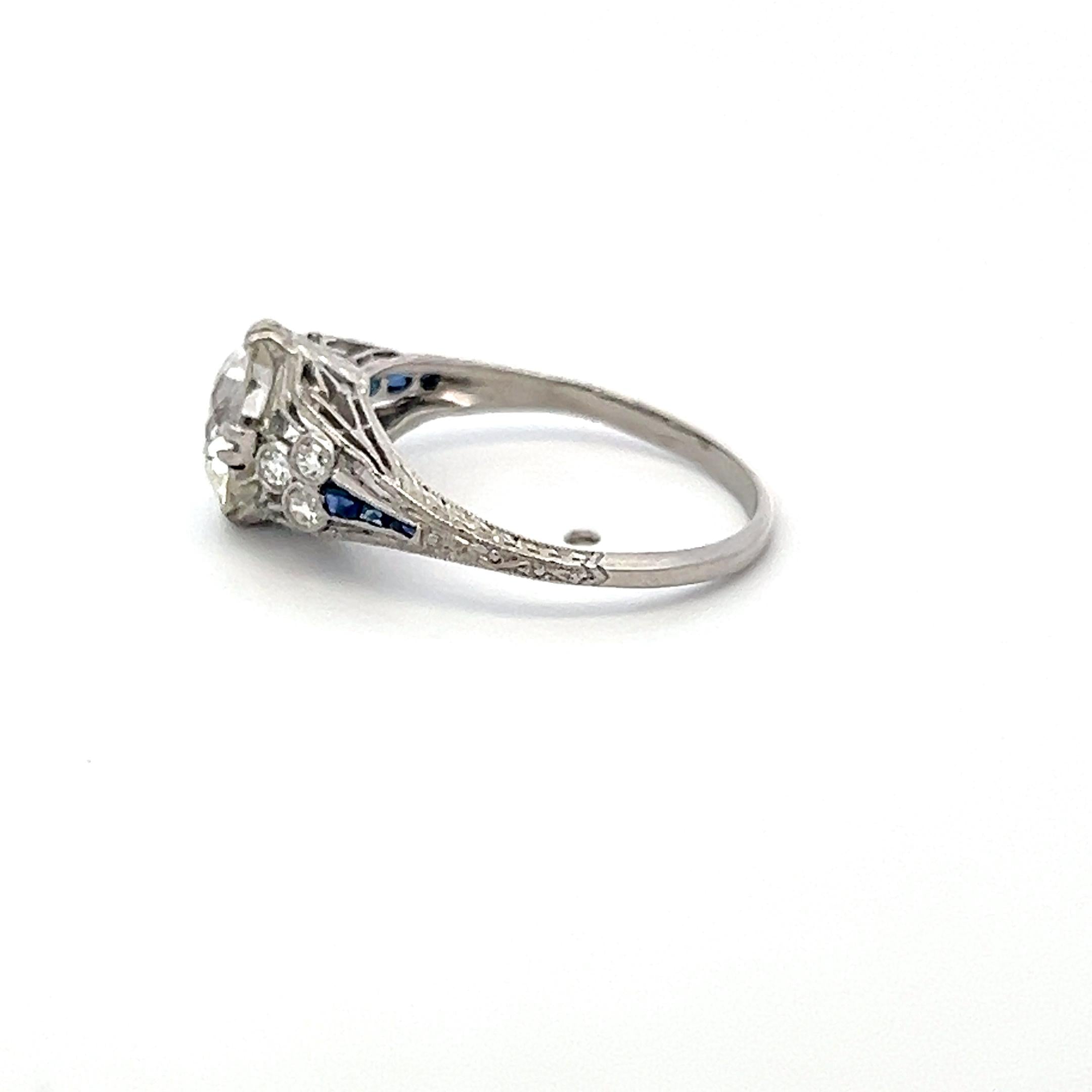 Platinum Art Deco Ring with 2.1ct Circular Brilliant Diamond 0.08ct Sapphire GIA