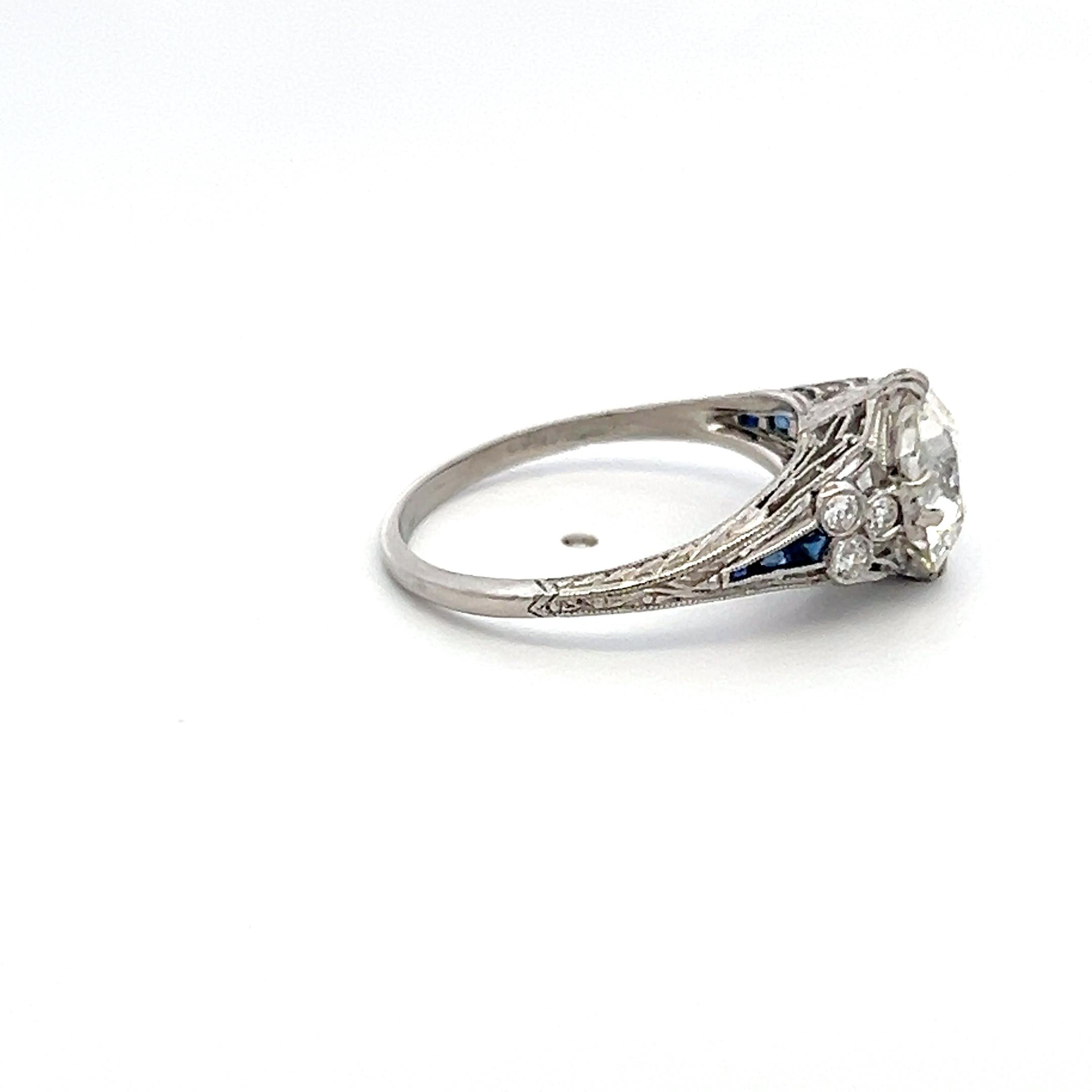 Platinum Art Deco Ring with 2.1ct Circular Brilliant Diamond 0.08ct Sapphire GIA