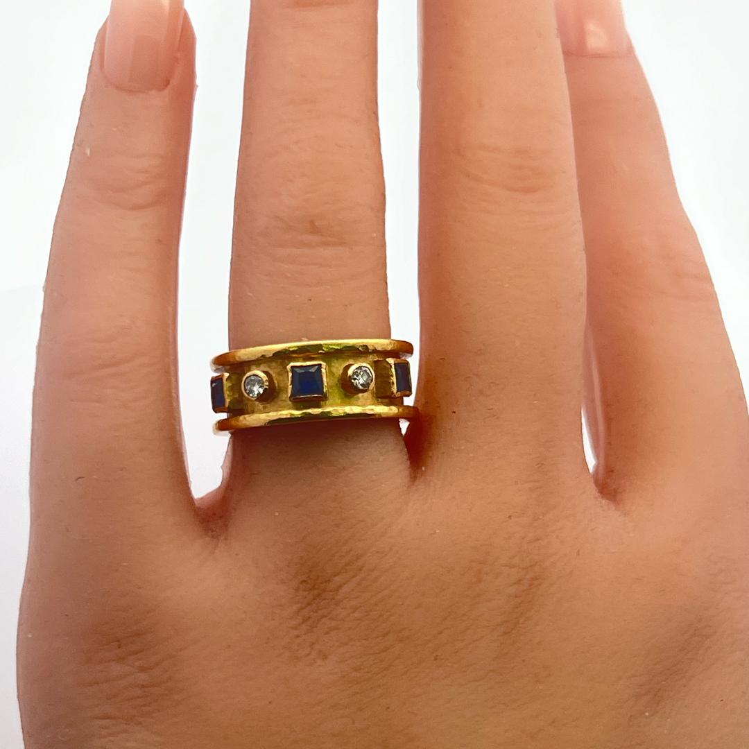 18K YG Band Ring with 0.46 Carat Round Diamonds and 0.36 carat Sapphire Size 7