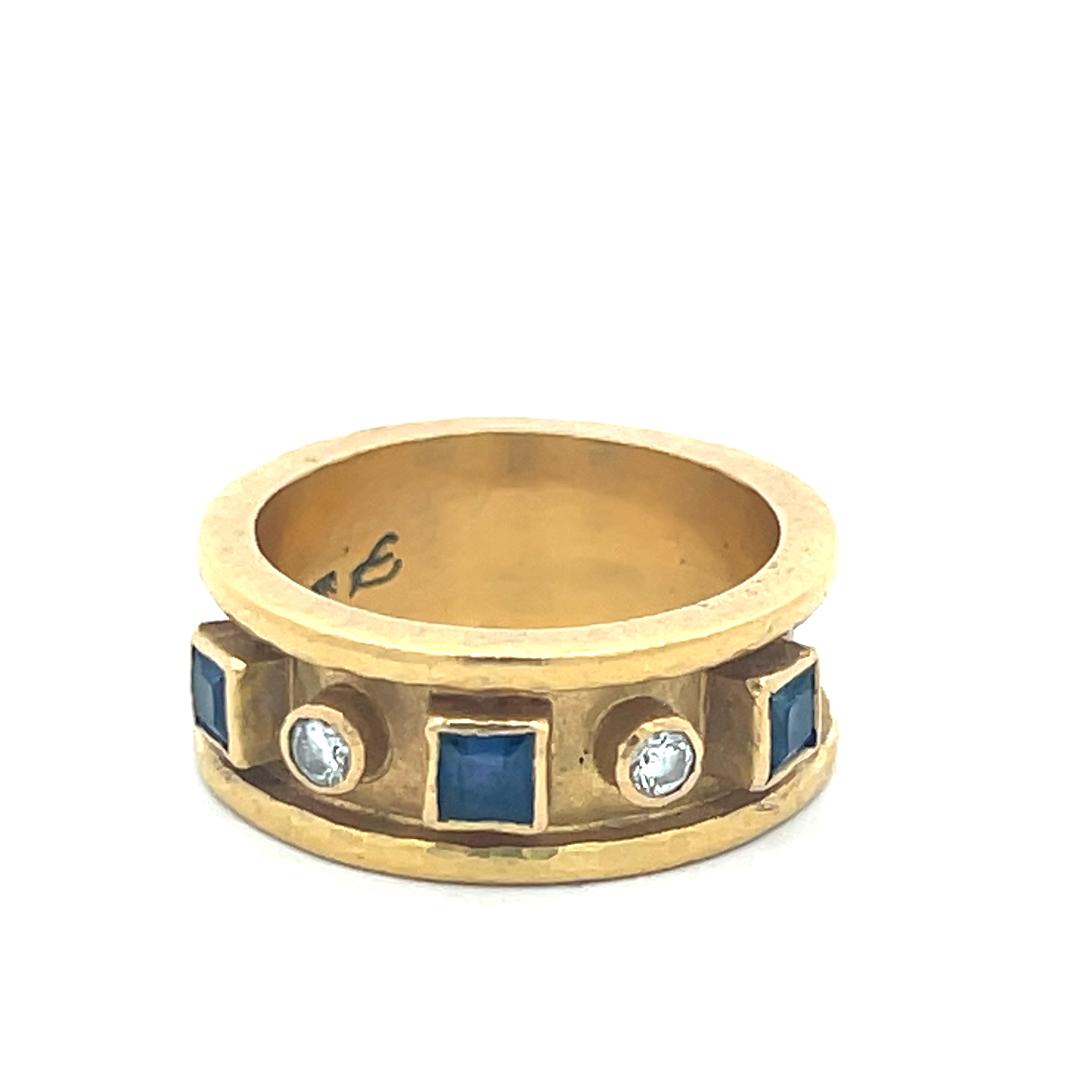 18K YG Band Ring with 0.46 Carat Round Diamonds and 0.36 carat Sapphire Size 7