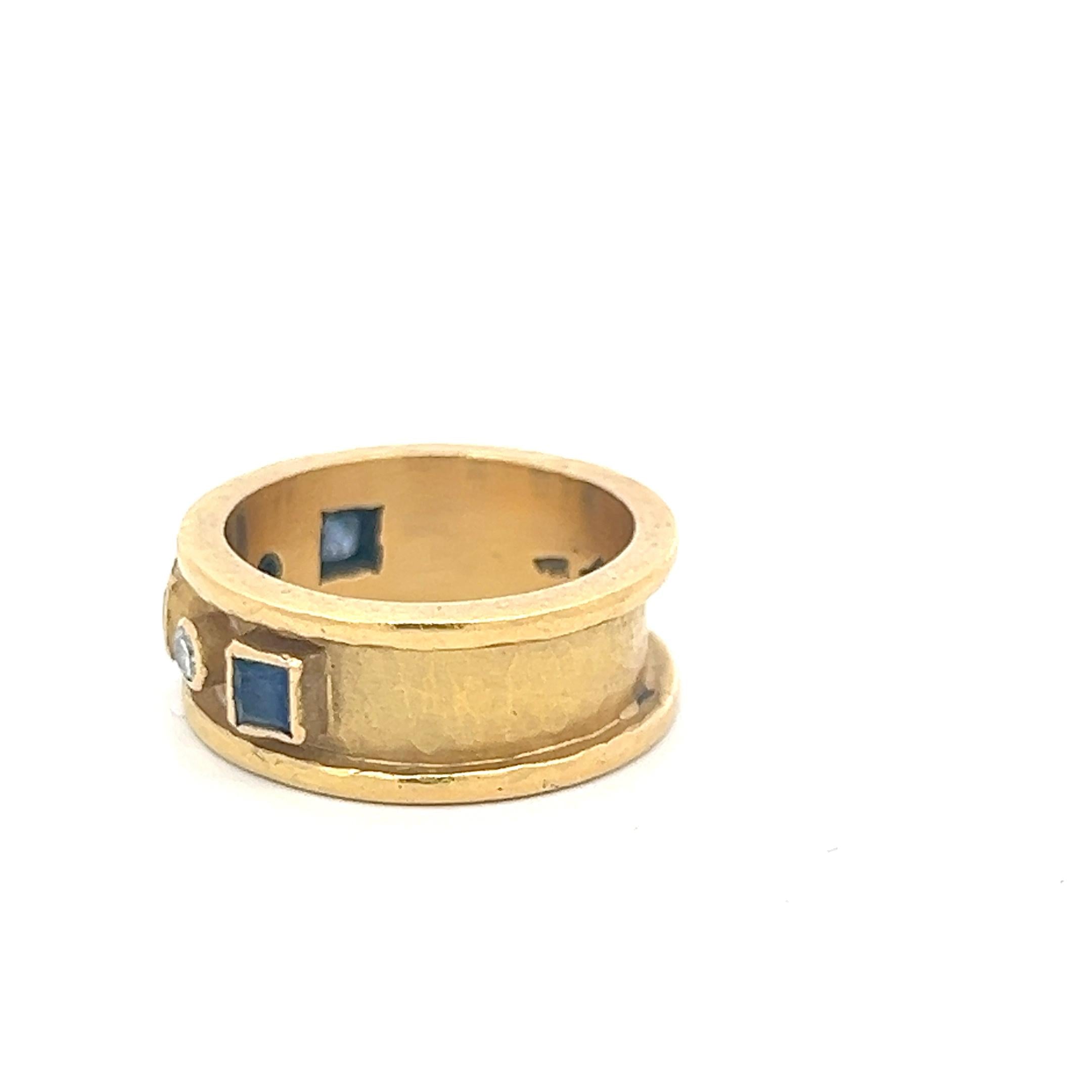 18K YG Band Ring with 0.46 Carat Round Diamonds and 0.36 carat Sapphire Size 7