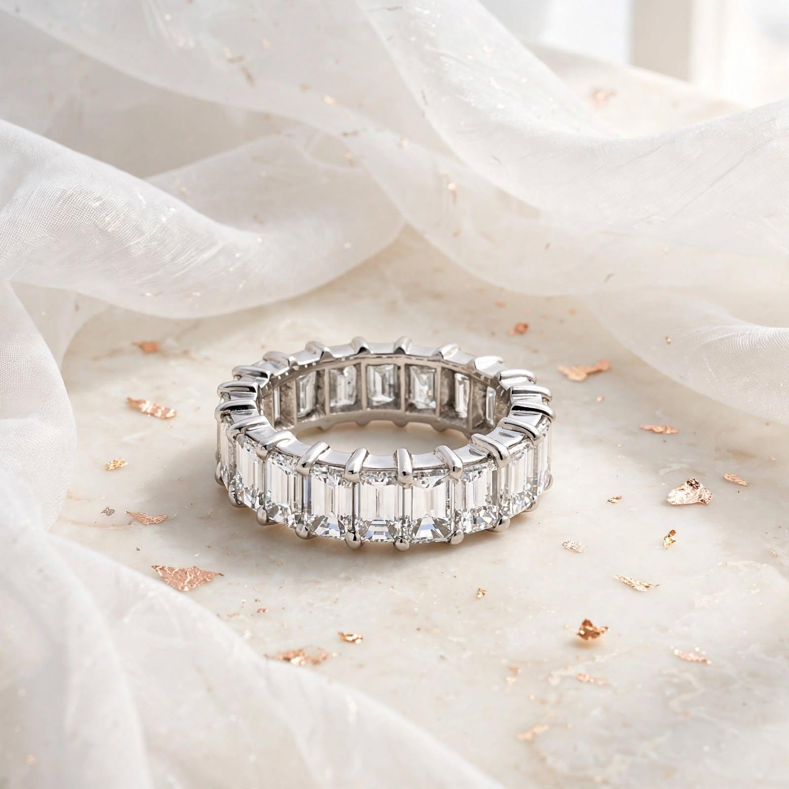 Platinum Eternity Band Ring with 6 Carat Emerald Cut Diamonds Size 5.5