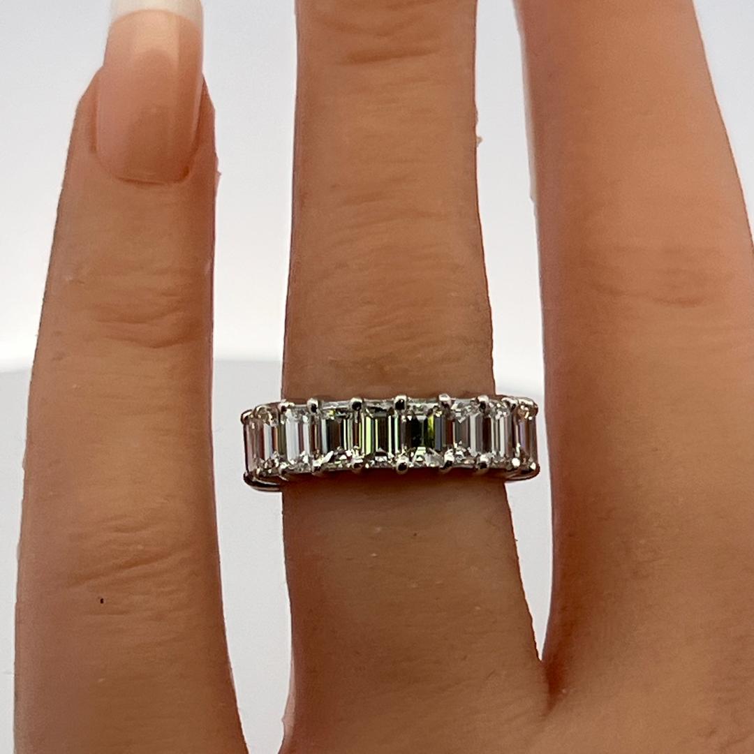 Vintage Platinum Eternity Band Ring with 6 Carat Emerald Cut Diamonds Size 5.5