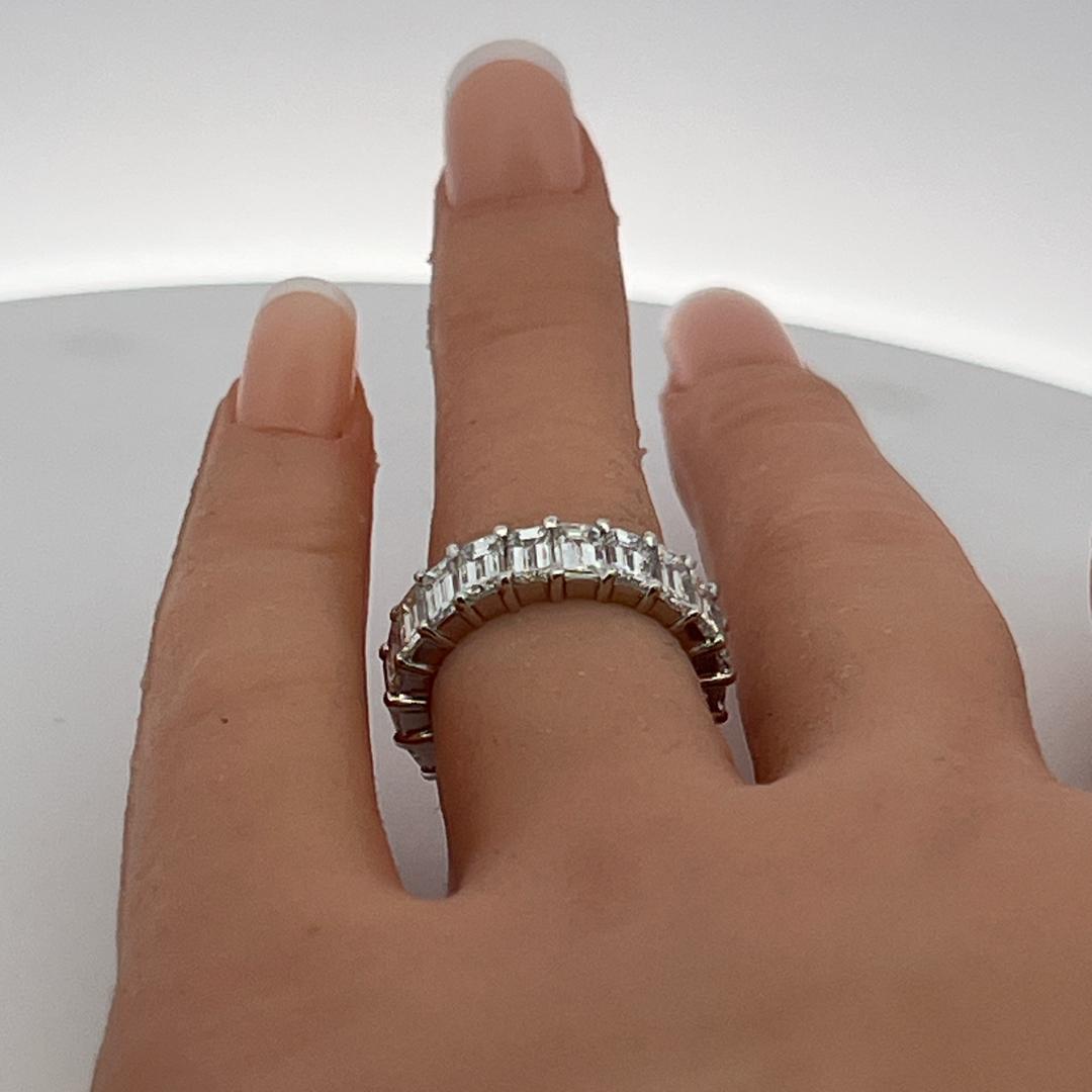 Vintage Platinum Eternity Band Ring with 6 Carat Emerald Cut Diamonds Size 5.5
