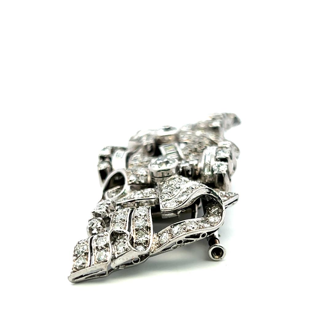 18K White Gold Pin Brooch with 7.8 Carat Baguette & Old European Cut Diamonds
