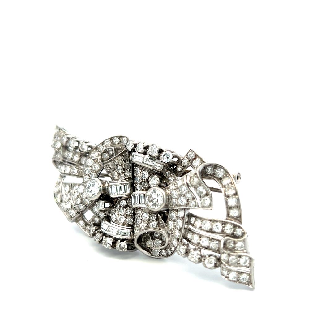 18K White Gold Pin Brooch with 7.8 Carat Baguette & Old European Cut Diamonds