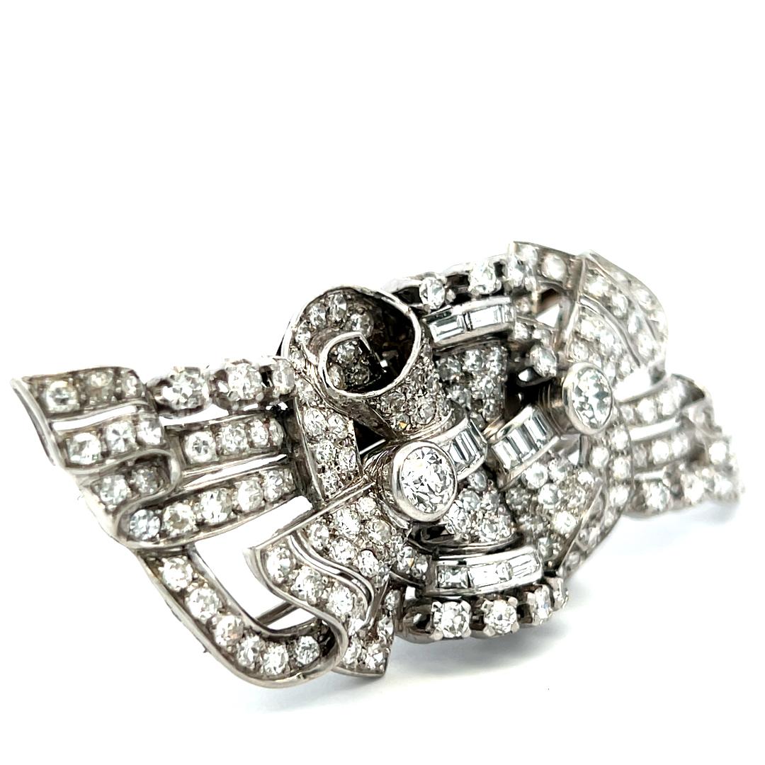 18K White Gold Pin Brooch with 7.8 Carat Baguette & Old European Cut Diamonds