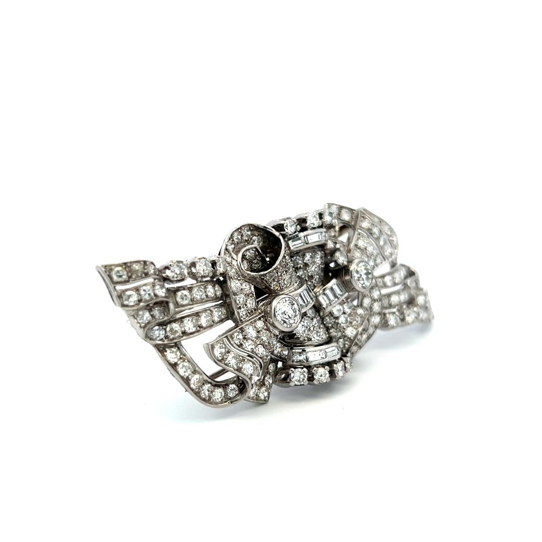 18K White Gold Pin Brooch with 7.8 Carat Baguette & Old European Cut Diamonds