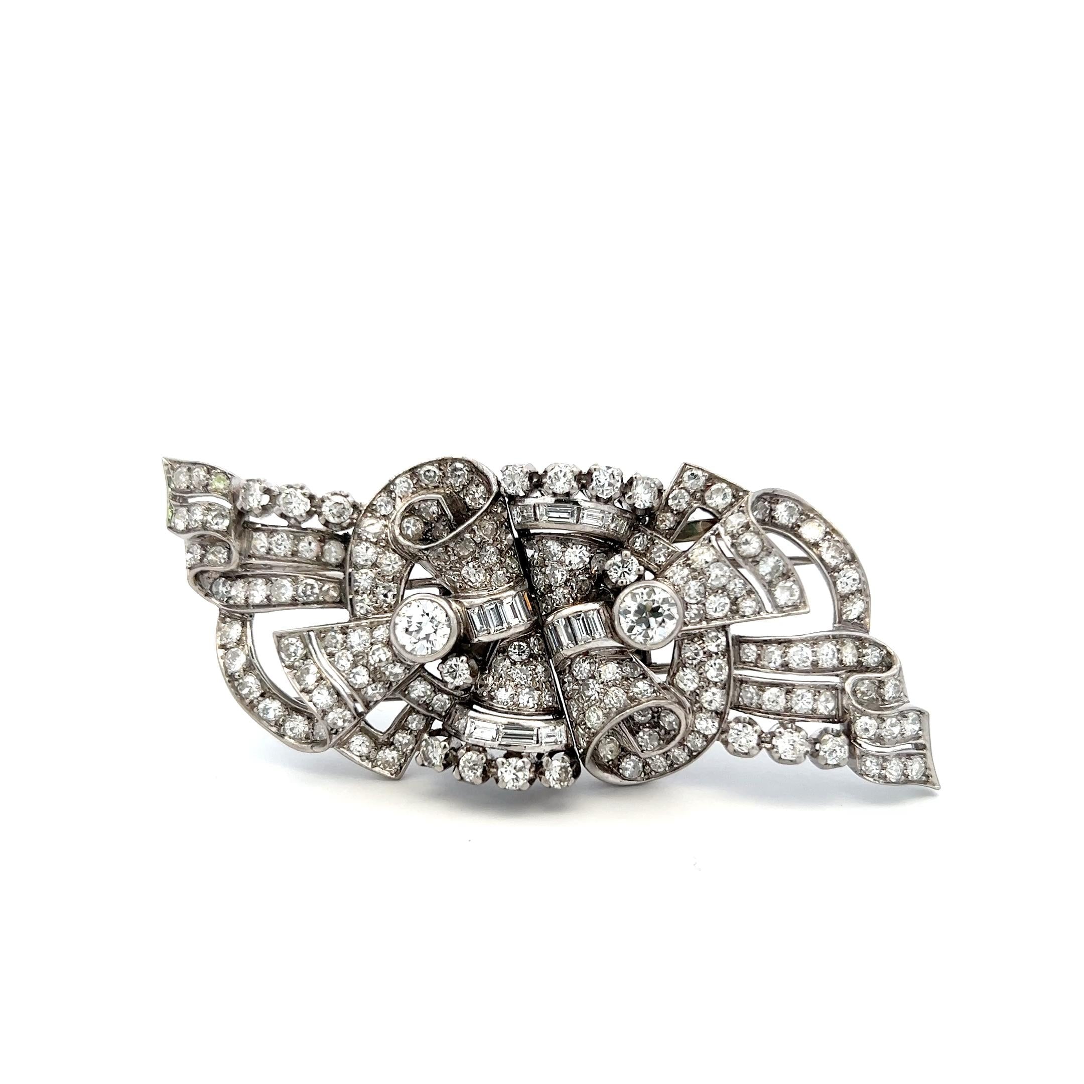 18K White Gold Pin Brooch with 7.8 Carat Baguette & Old European Cut Diamonds
