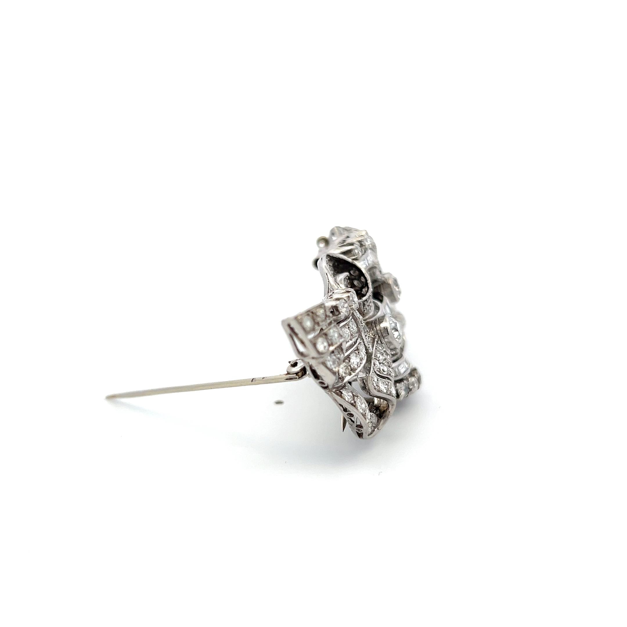 18K White Gold Pin Brooch with 7.8 Carat Baguette & Old European Cut Diamonds