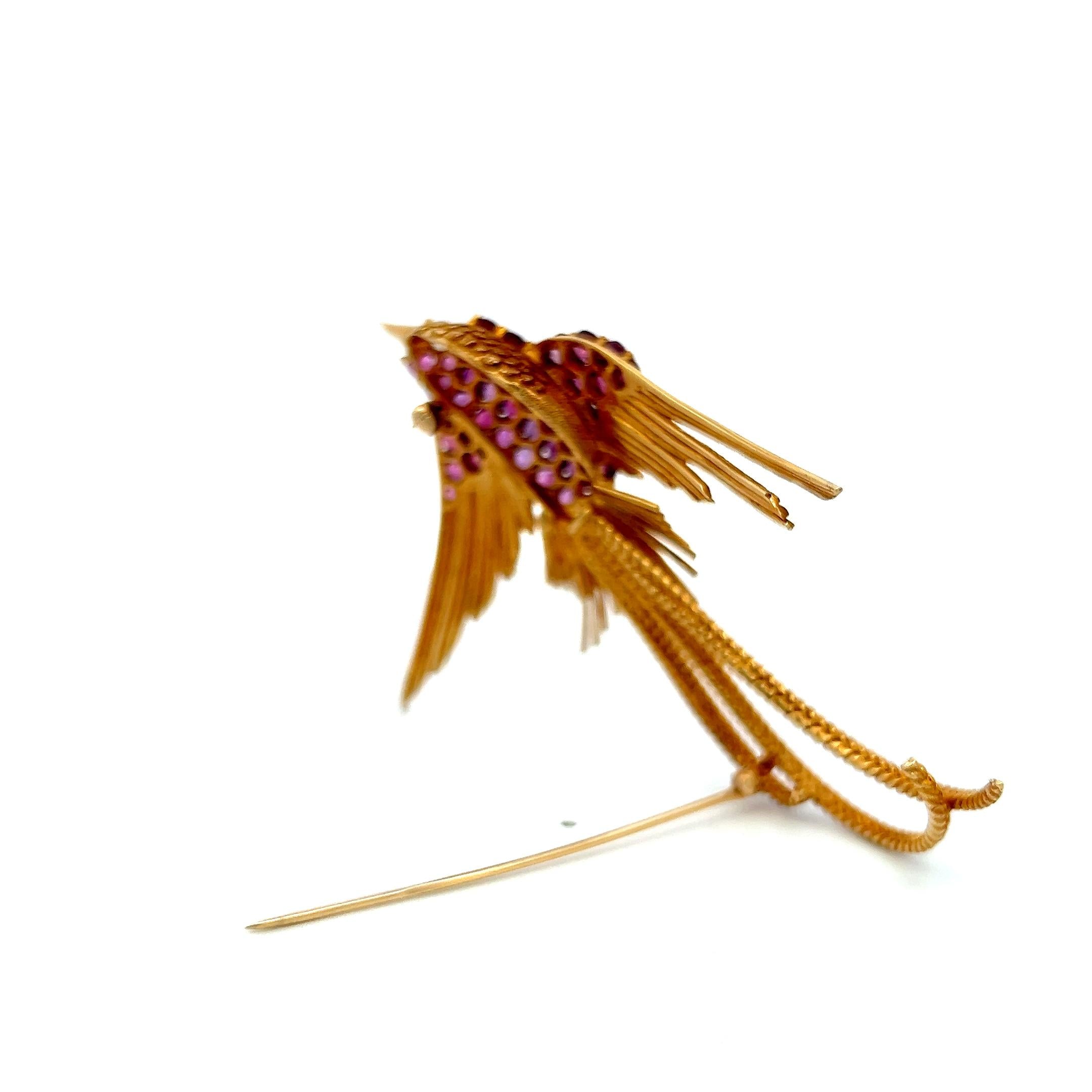 18K YG Bird Pin Brooch with 0.15 Carat Round G-VS Diamond & 4.5 Carat Ruby