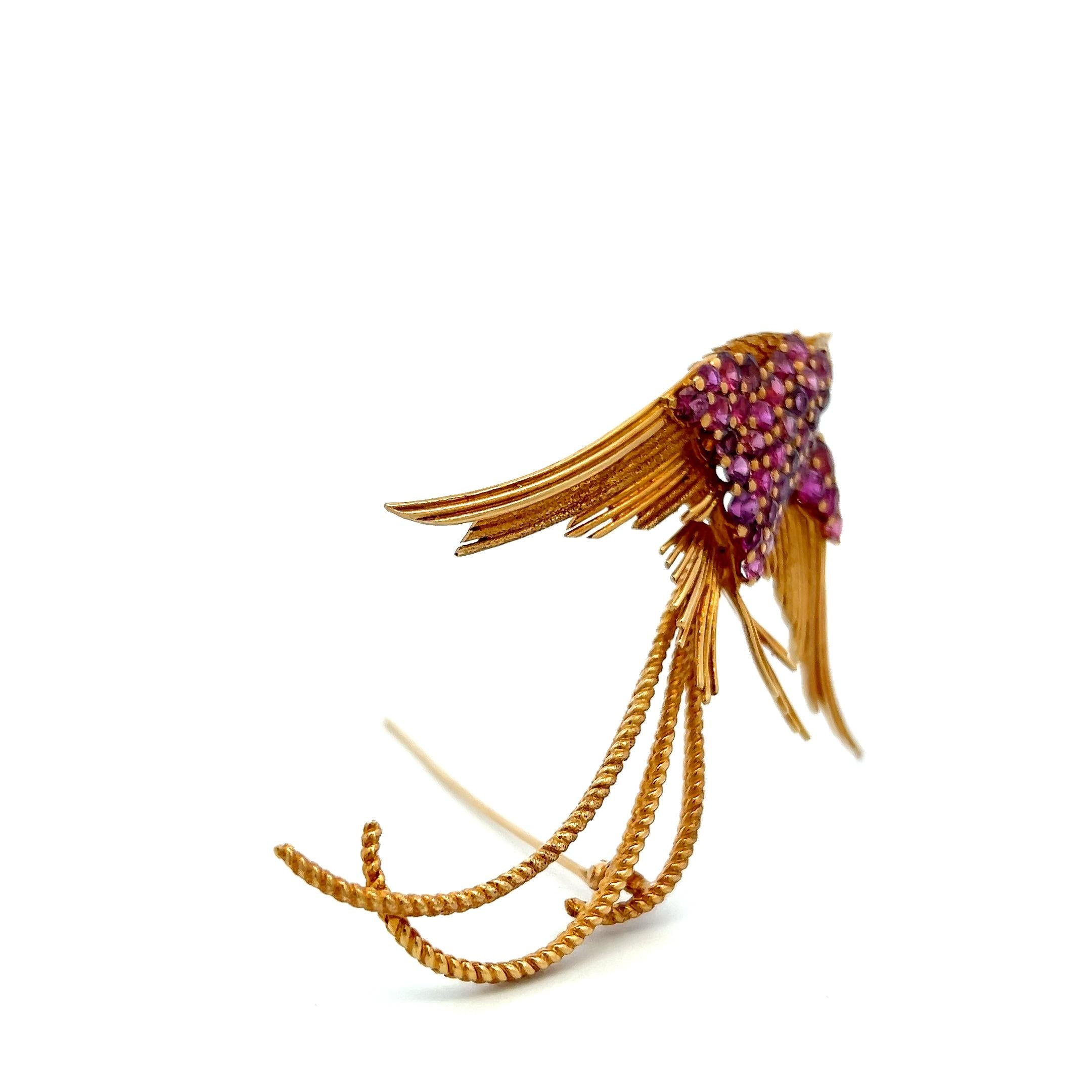 18K YG Bird Pin Brooch with 0.15 Carat Round G-VS Diamond & 4.5 Carat Ruby