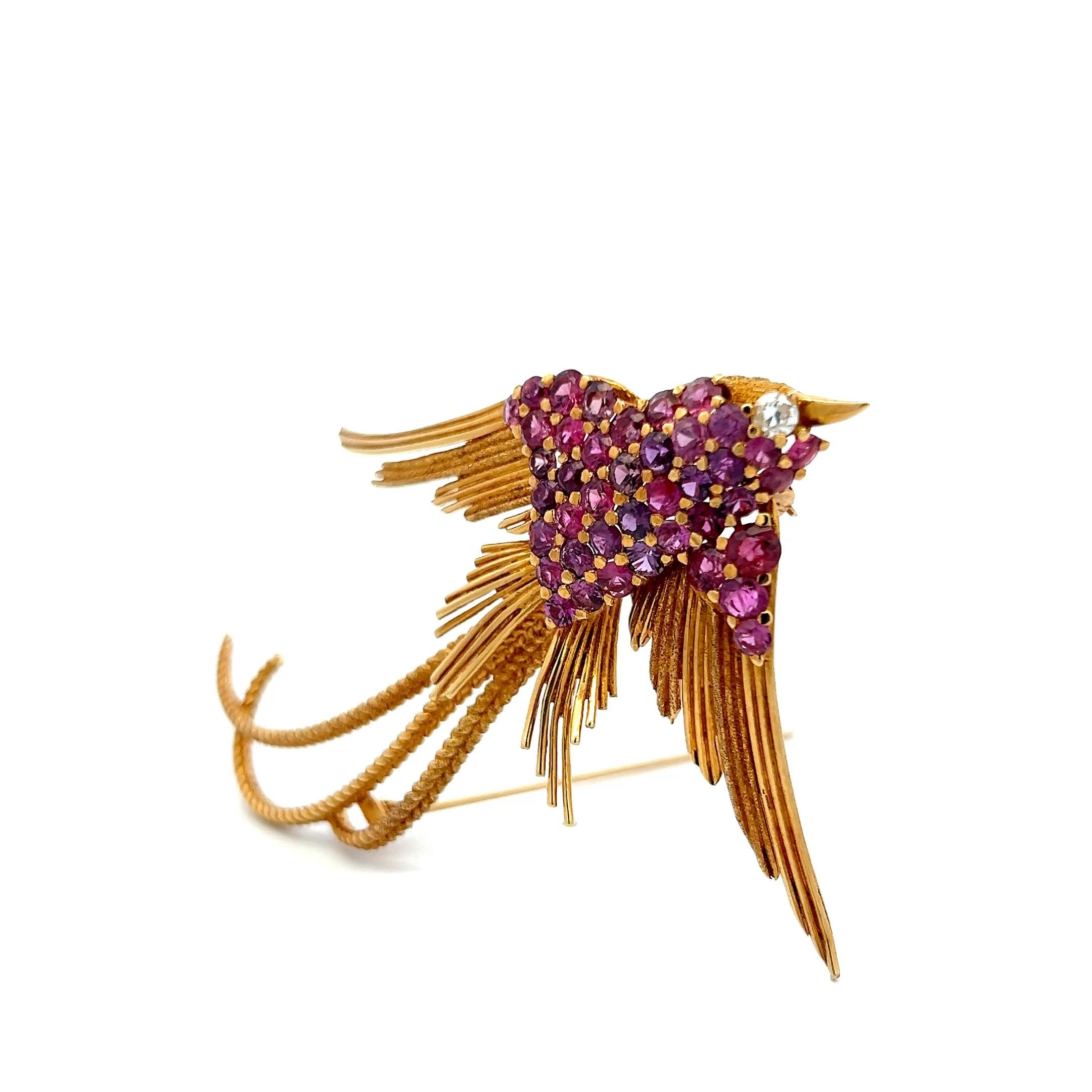 18K YG Bird Pin Brooch with 0.15 Carat Round G-VS Diamond & 4.5 Carat Ruby