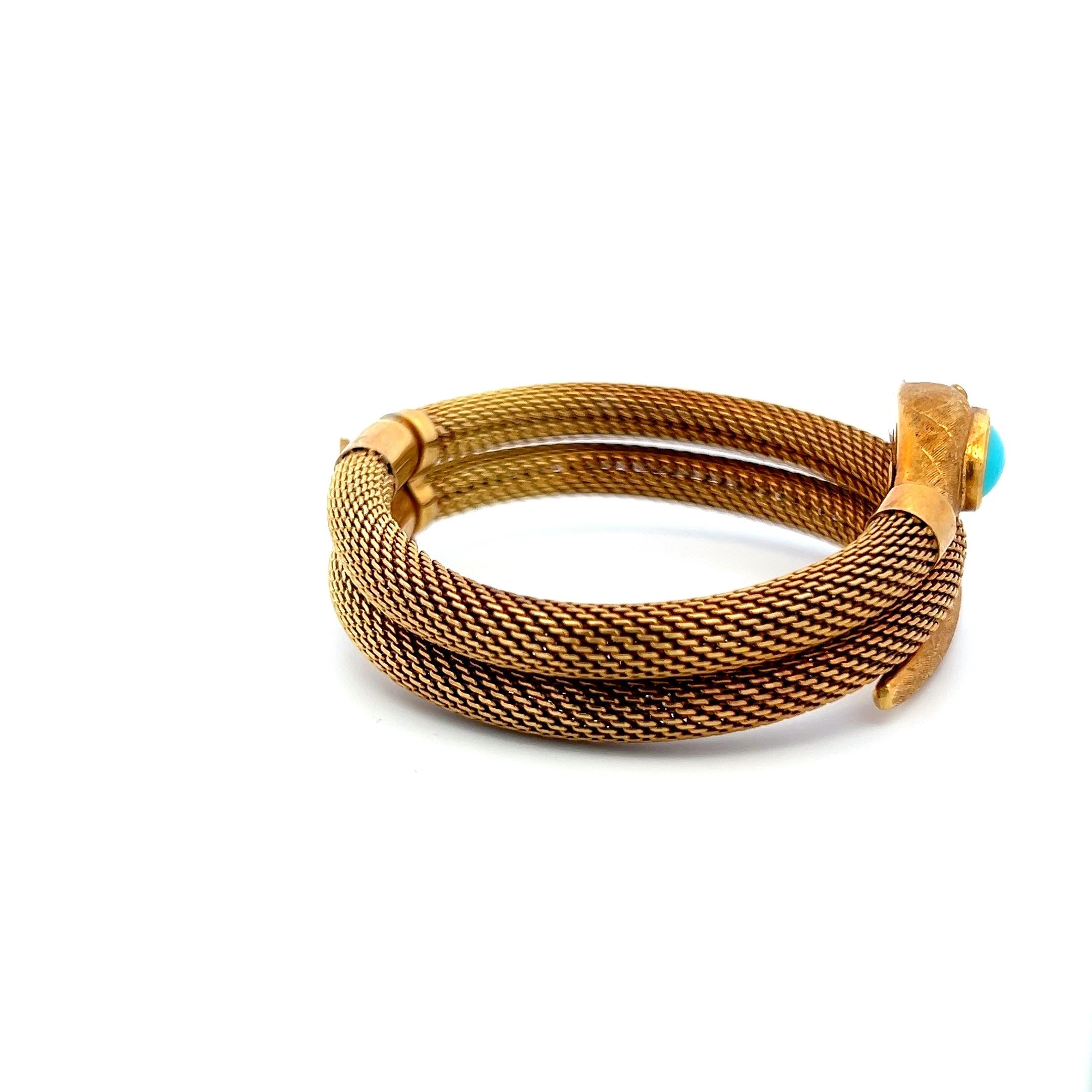 18K Yellow Gold Tubogas Snake Bracelet 0.02 Carat Ruby & Turquoise 8.5x4.8 MM