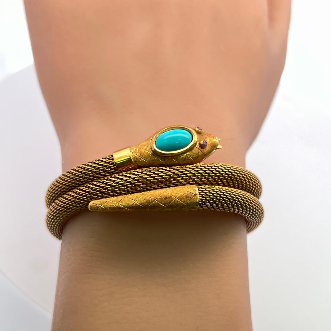 18K Yellow Gold Tubogas Snake Bracelet 0.02 Carat Ruby & Turquoise 8.5x4.8 MM