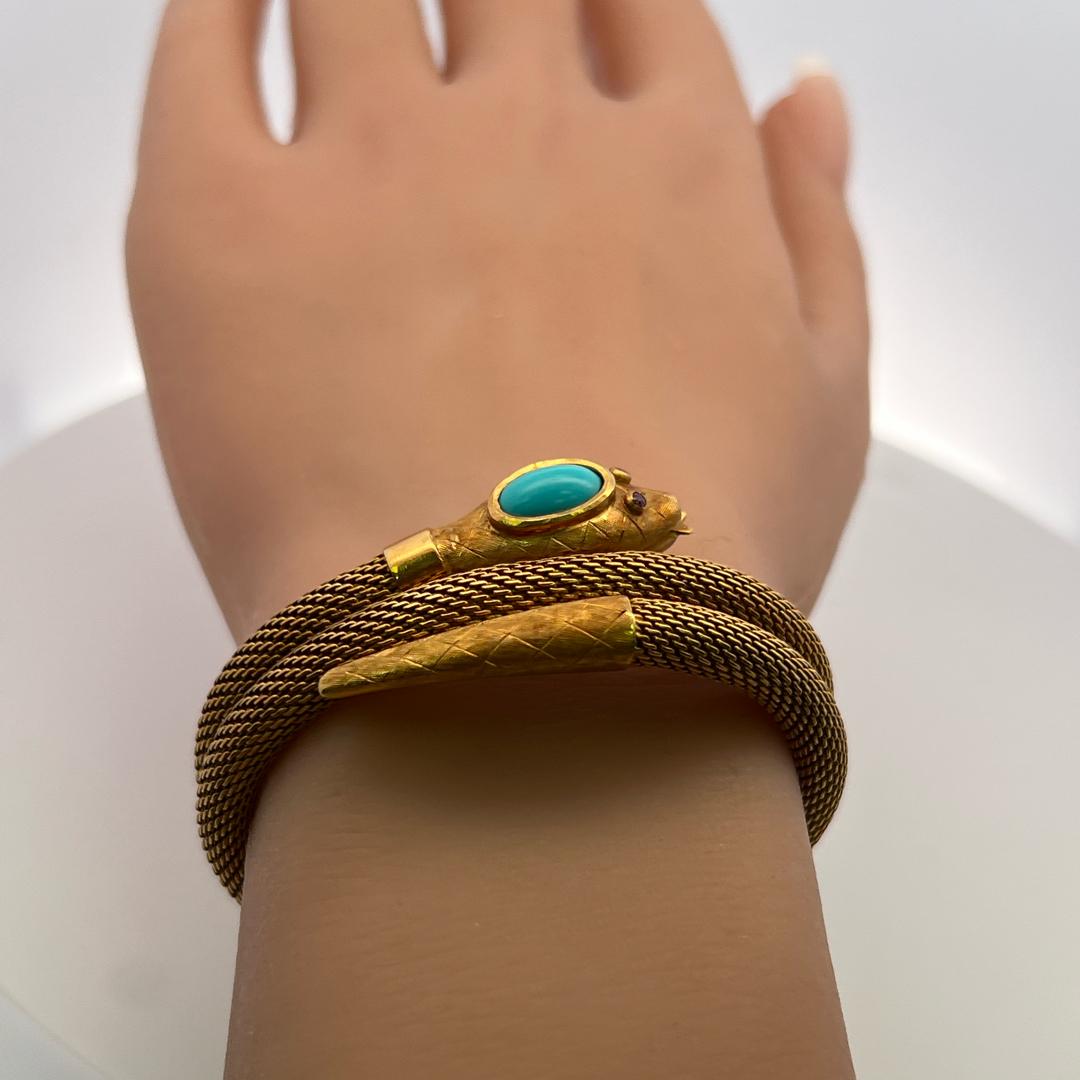 18K Yellow Gold Tubogas Snake Bracelet 0.02 Carat Ruby & Turquoise 8.5x4.8 MM