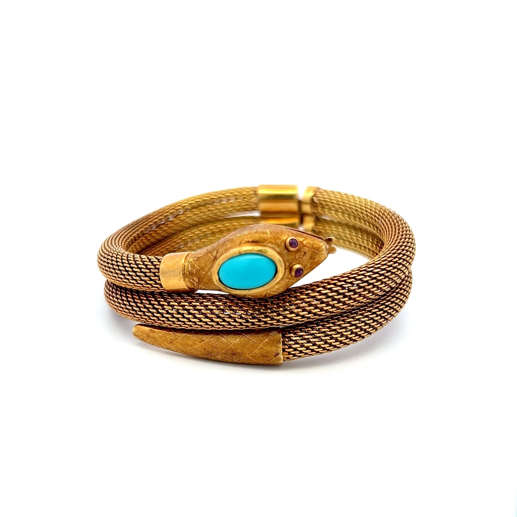 18K Yellow Gold Tubogas Snake Bracelet 0.02 Carat Ruby & Turquoise 8.5x4.8 MM