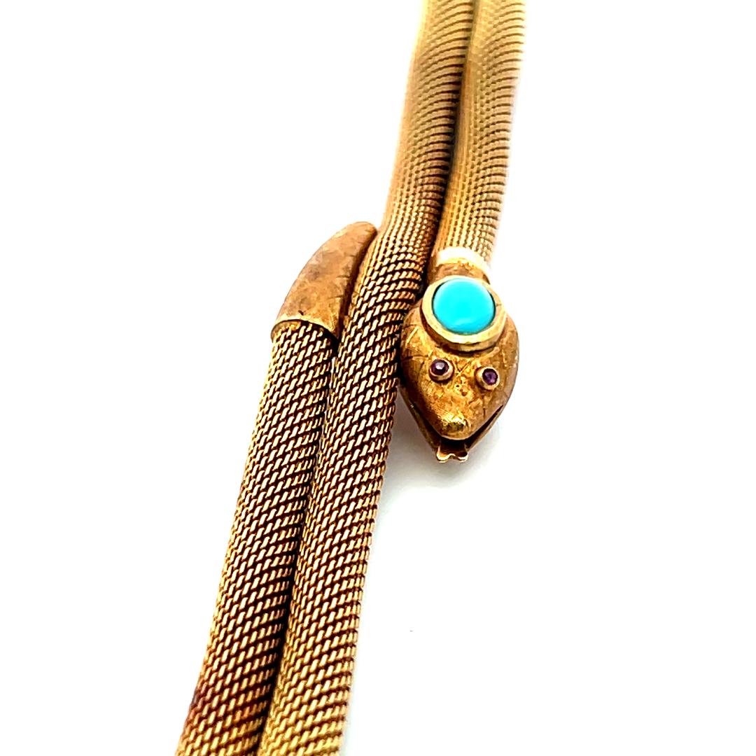 18K Yellow Gold Tubogas Snake Bracelet 0.02 Carat Ruby & Turquoise 8.5x4.8 MM
