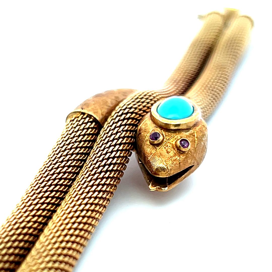 18K Yellow Gold Tubogas Snake Bracelet 0.02 Carat Ruby & Turquoise 8.5x4.8 MM