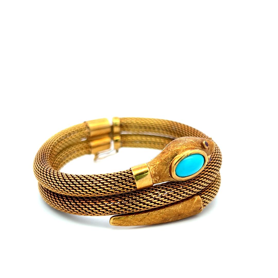 18K Yellow Gold Tubogas Snake Bracelet 0.02 Carat Ruby & Turquoise 8.5x4.8 MM