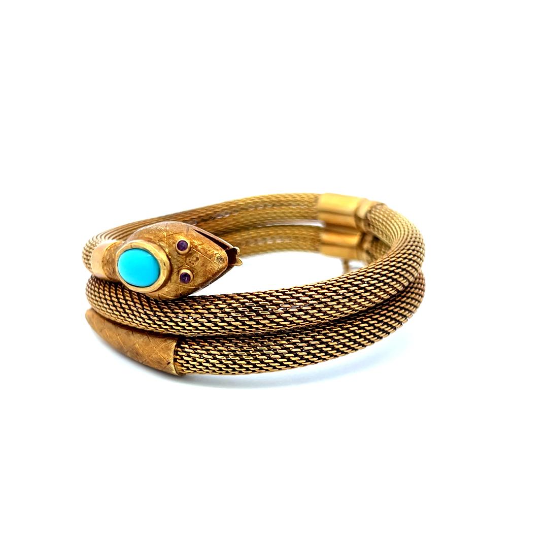 18K Yellow Gold Tubogas Snake Bracelet 0.02 Carat Ruby & Turquoise 8.5x4.8 MM