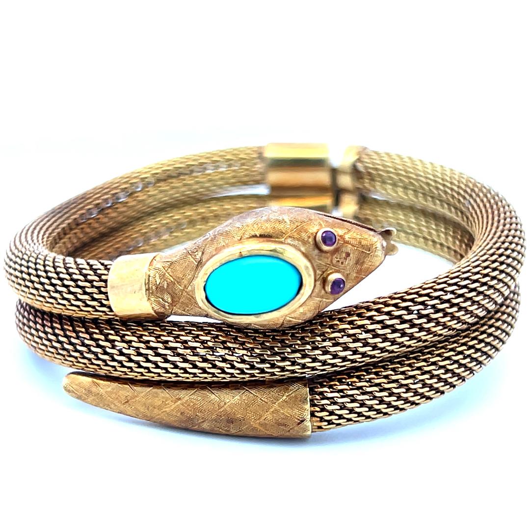 18K Yellow Gold Tubogas Snake Bracelet 0.02 Carat Ruby & Turquoise 8.5x4.8 MM
