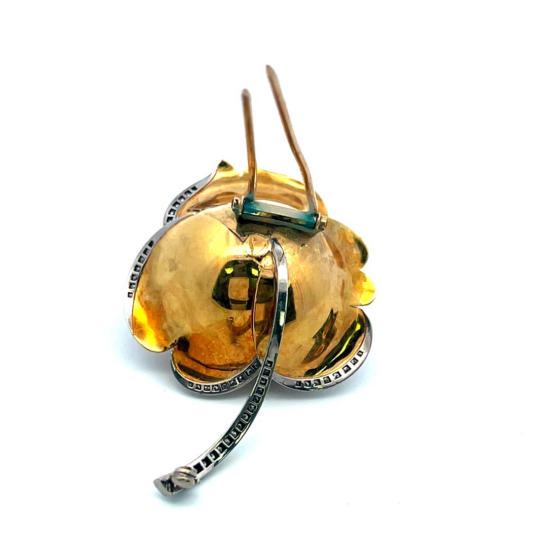 Vintage 18K Yellow Gold Rose Pin Brooch with 1 Carat Round H VS Diamonds