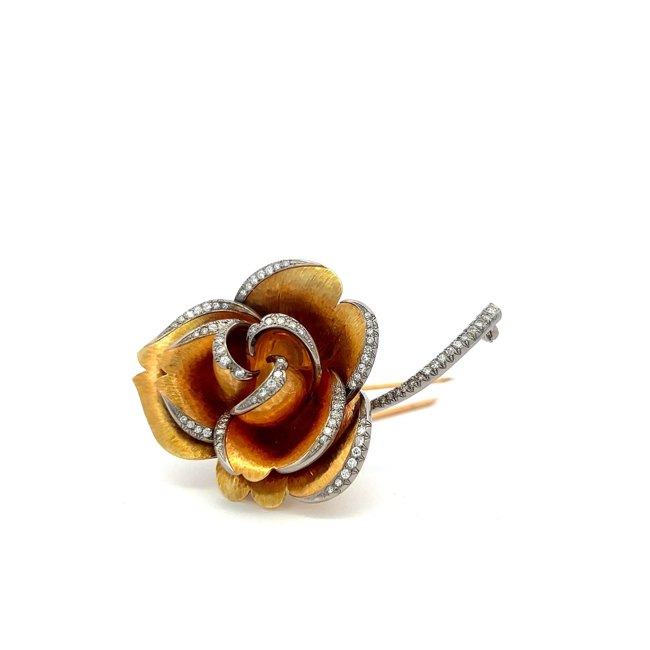 Vintage 18K Yellow Gold Rose Pin Brooch with 1 Carat Round H VS Diamonds