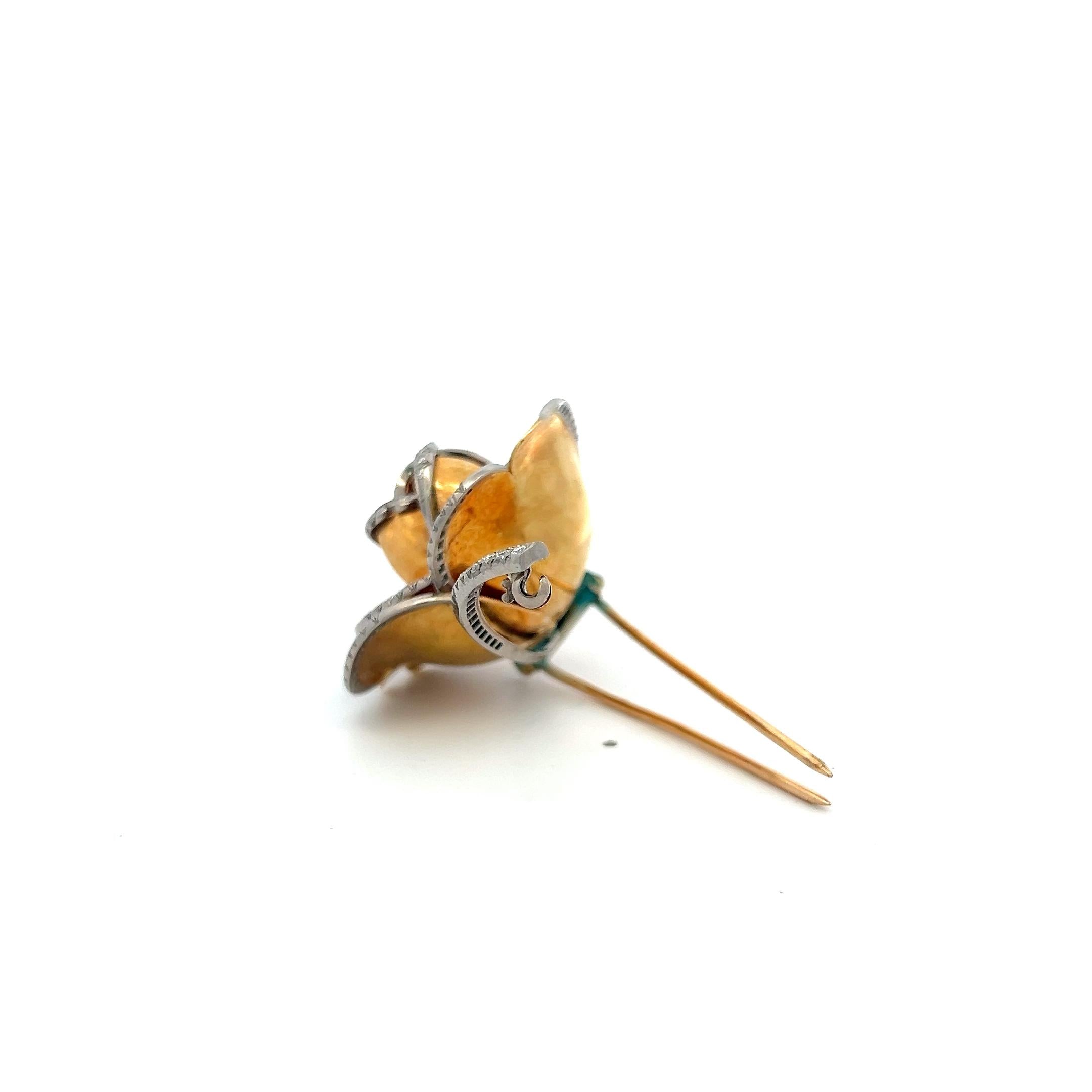 Vintage 18K Yellow Gold Rose Pin Brooch with 1 Carat Round H VS Diamonds
