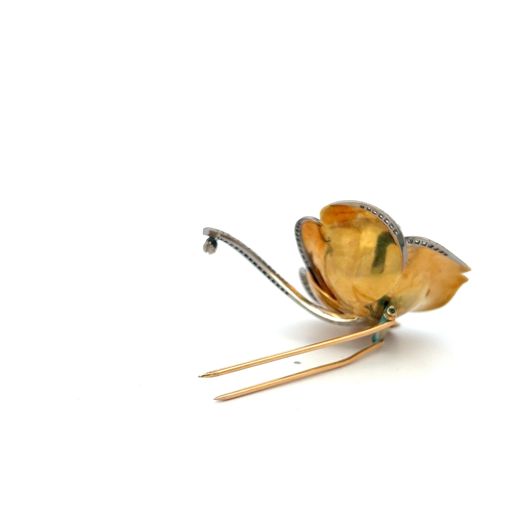 Vintage 18K Yellow Gold Rose Pin Brooch with 1 Carat Round H VS Diamonds