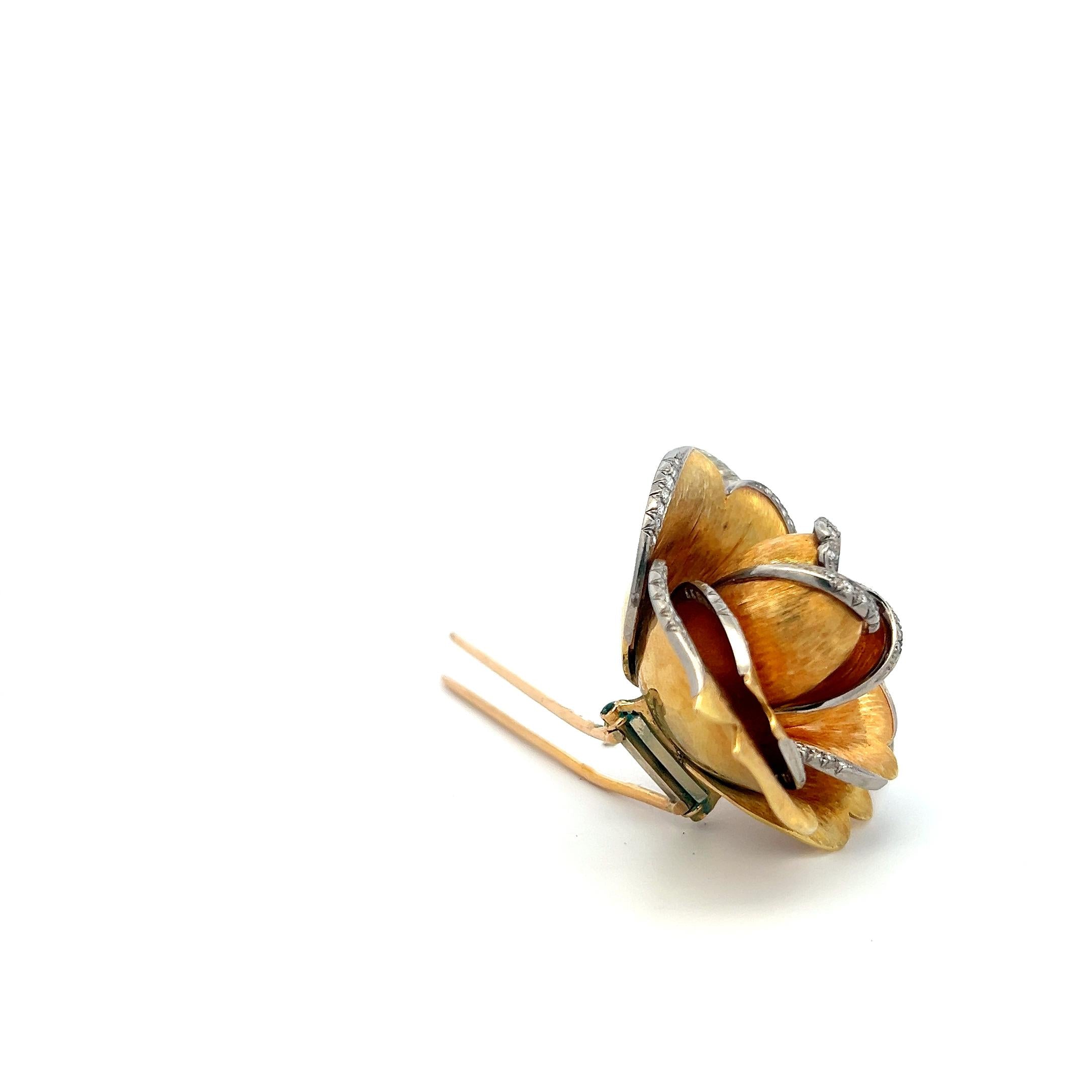 Vintage 18K Yellow Gold Rose Pin Brooch with 1 Carat Round H VS Diamonds