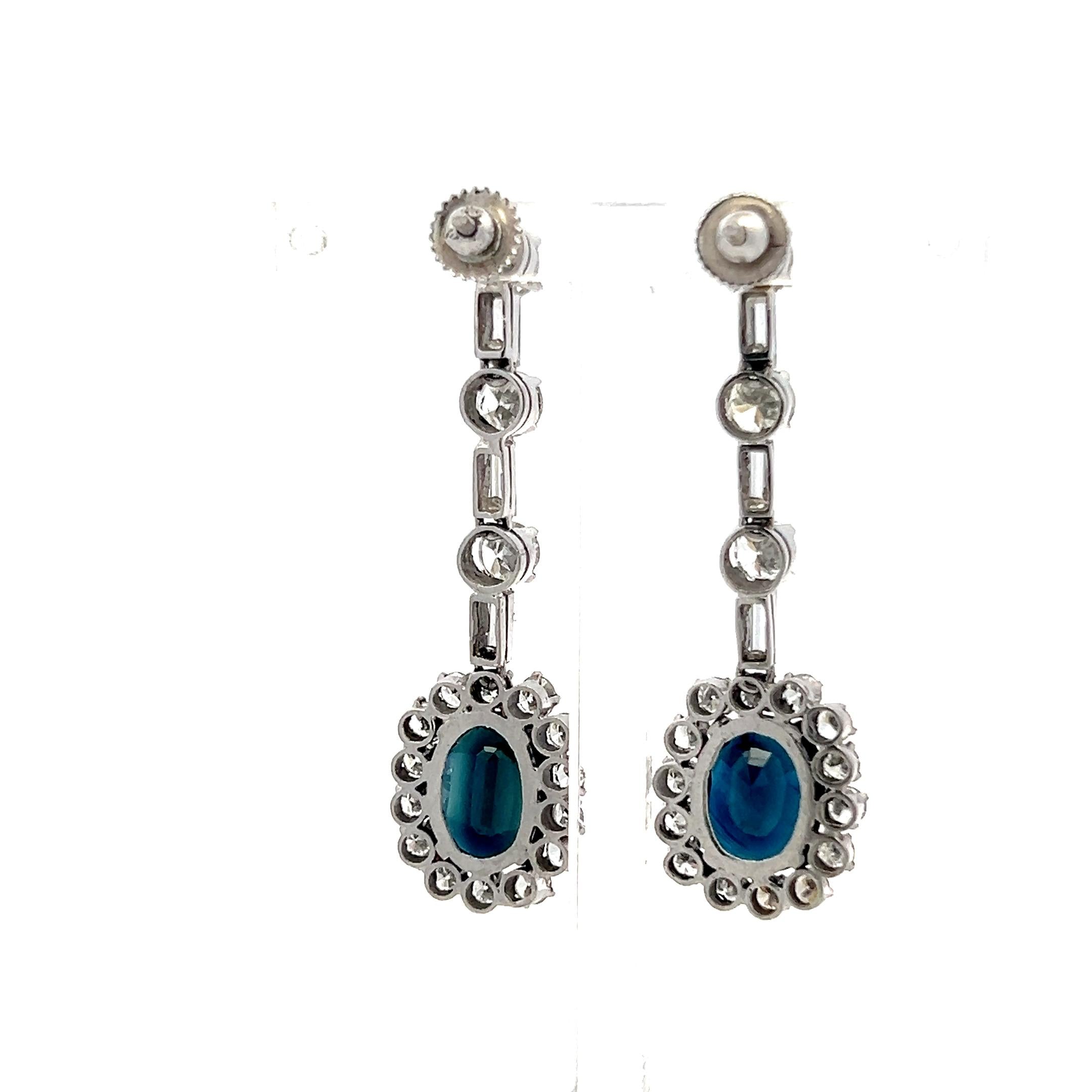 Platinum Drop Earrings with 3.9 Ct Oval Round & Baguette Diamond 4.6 Ct Sapphire