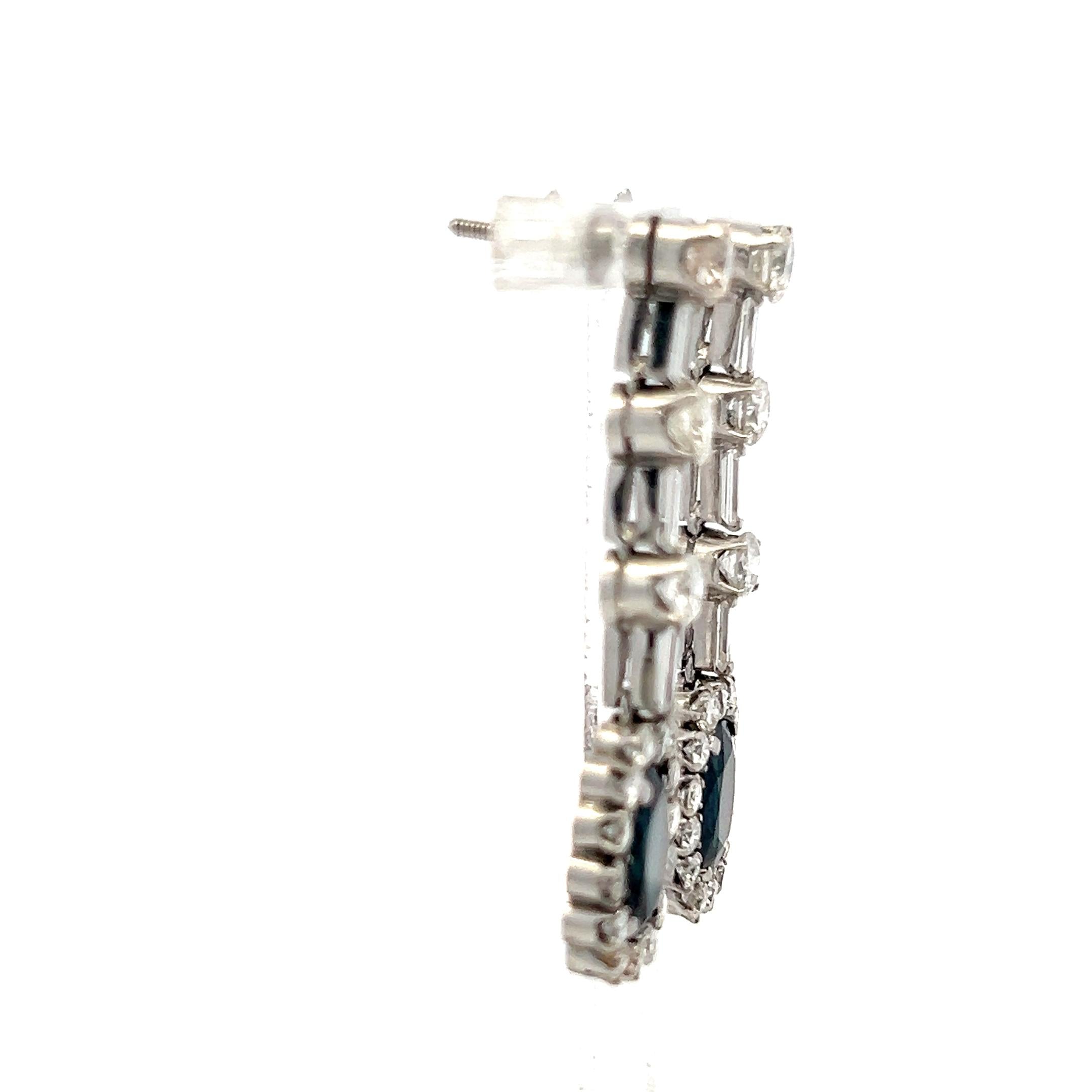 Platinum Drop Earrings with 3.9 Ct Oval Round & Baguette Diamond 4.6 Ct Sapphire