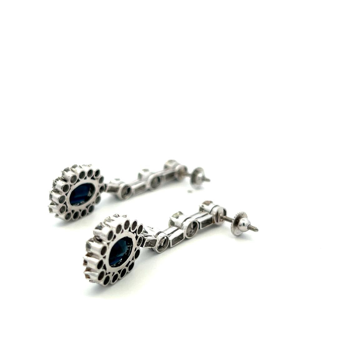 Platinum Drop Earrings with 3.9 Ct Oval Round & Baguette Diamond 4.6 Ct Sapphire
