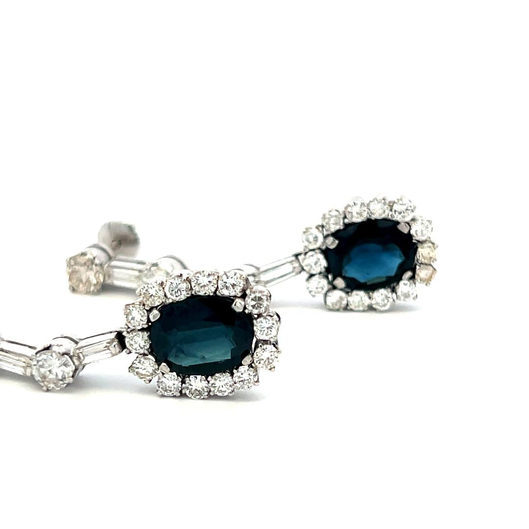 Platinum Drop Earrings with 3.9 Ct Oval Round & Baguette Diamond 4.6 Ct Sapphire