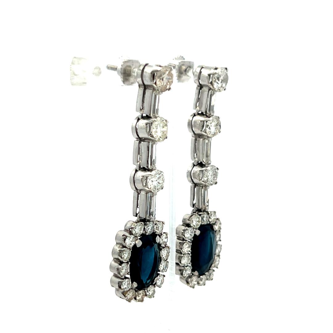 Platinum Drop Earrings with 3.9 Ct Oval Round & Baguette Diamond 4.6 Ct Sapphire