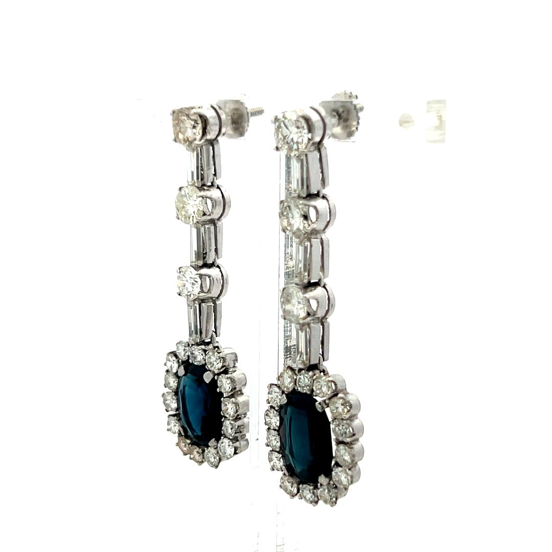 Platinum Drop Earrings with 3.9 Ct Oval Round & Baguette Diamond 4.6 Ct Sapphire