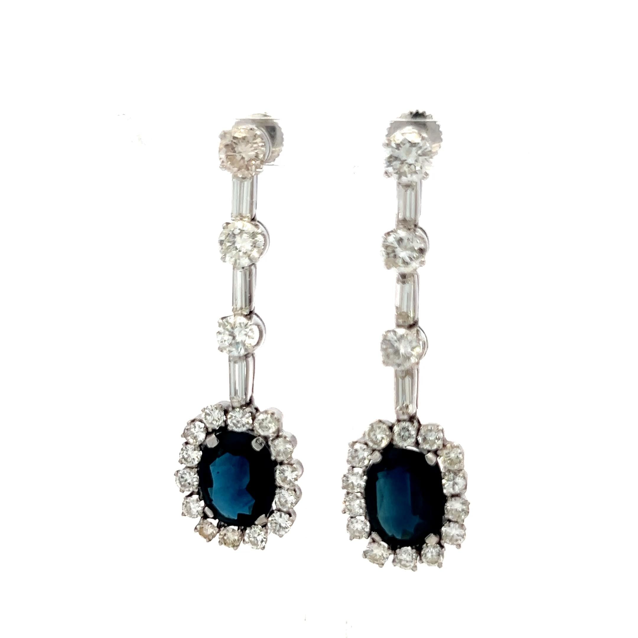 Platinum Drop Earrings with 3.9 Ct Oval Round & Baguette Diamond 4.6 Ct Sapphire