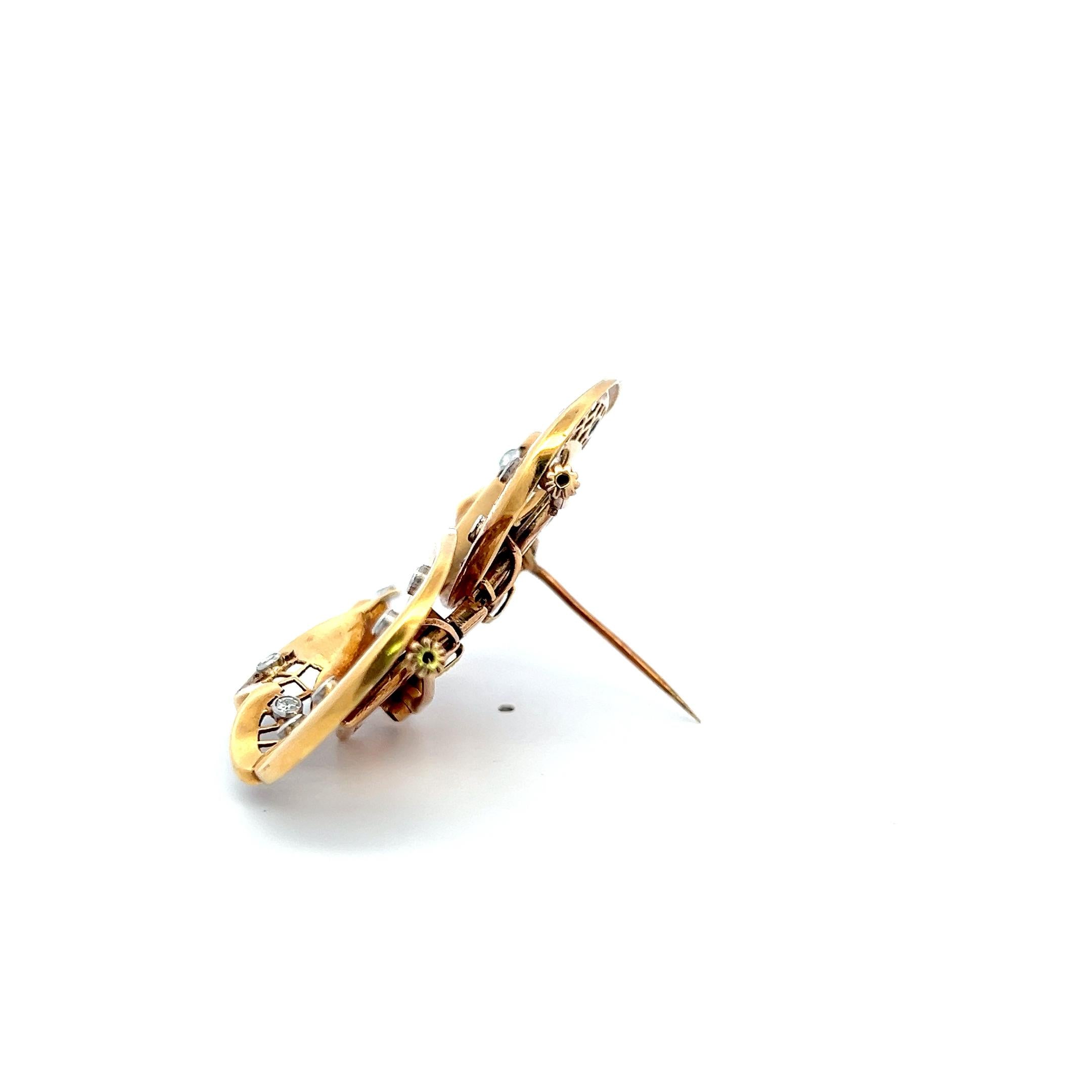 Vintage 18K Yellow Gold Pin Brooch with 0.71 Carat Round & Baguette Diamonds