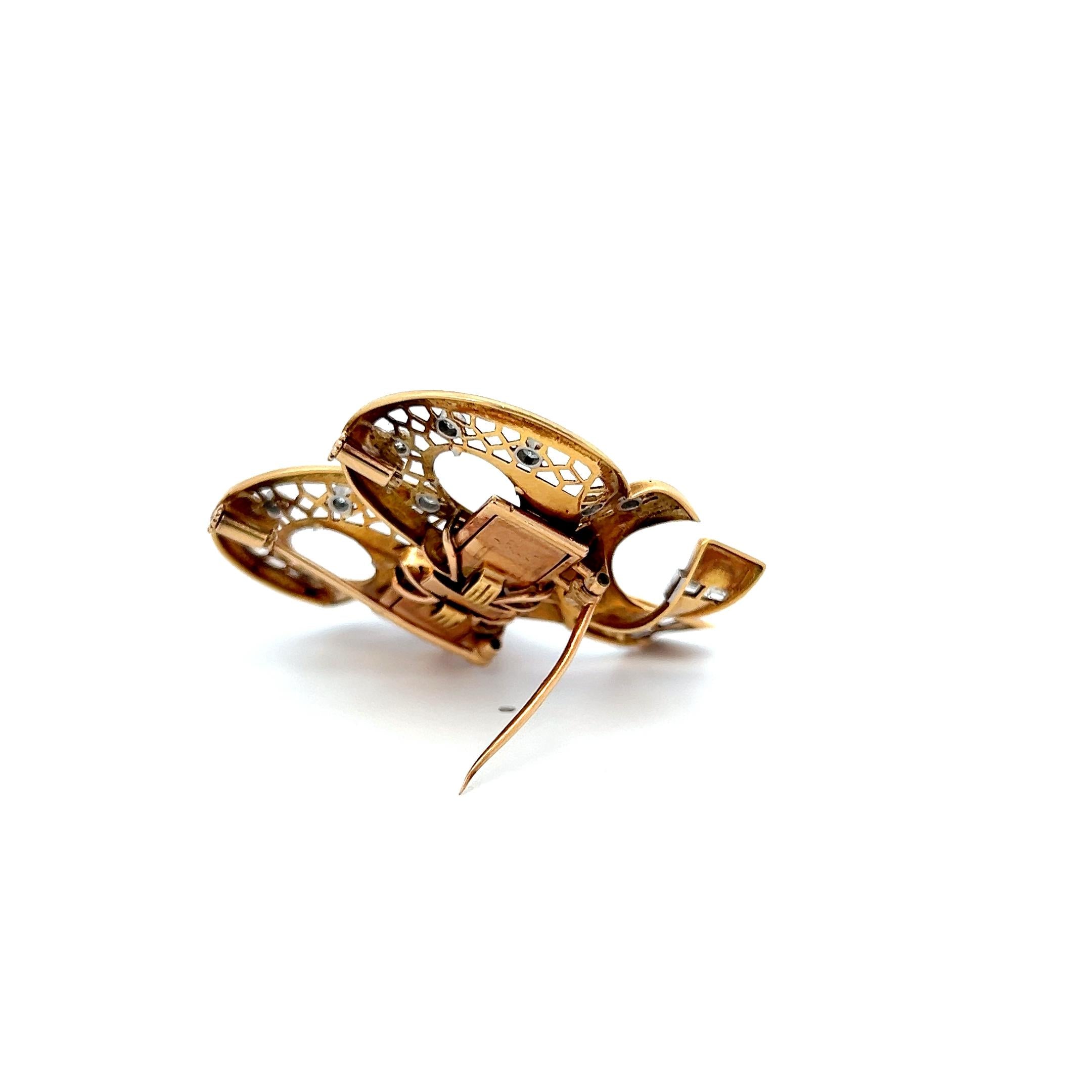 Vintage 18K Yellow Gold Pin Brooch with 0.71 Carat Round & Baguette Diamonds