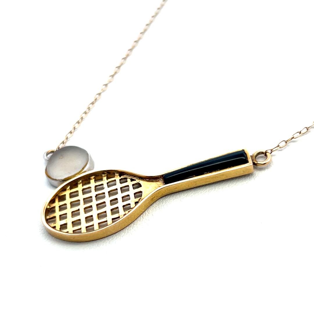 Vintage 14K Yellow Gold Tennis Racket Pendant Necklace 4.2 Grams