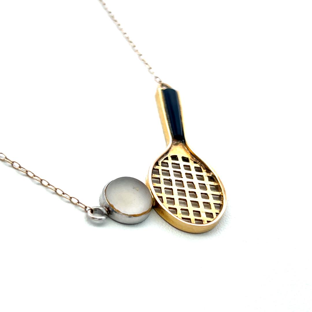 Vintage 14K Yellow Gold Tennis Racket Pendant Necklace 4.2 Grams