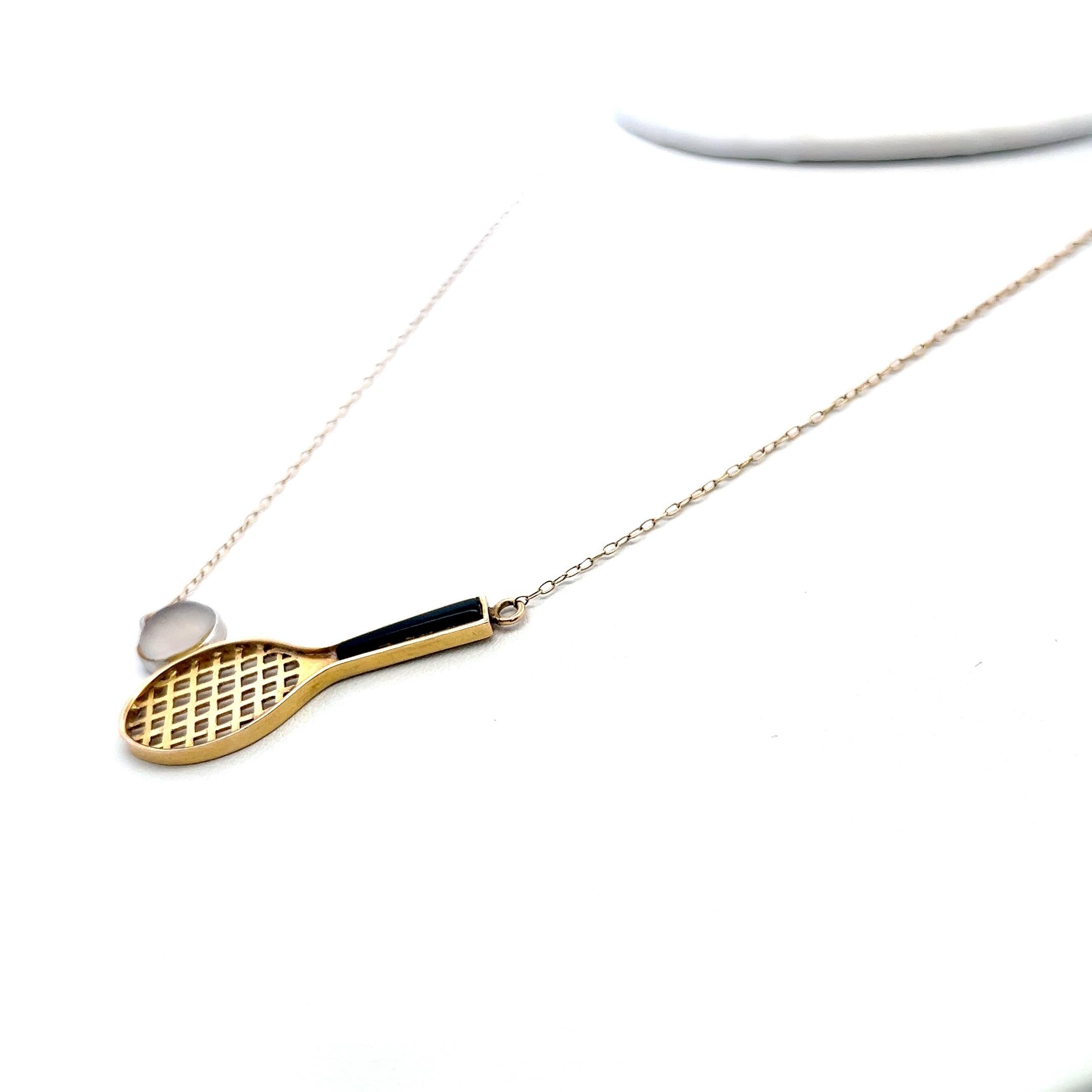 Vintage 14K Yellow Gold Tennis Racket Pendant Necklace 4.2 Grams