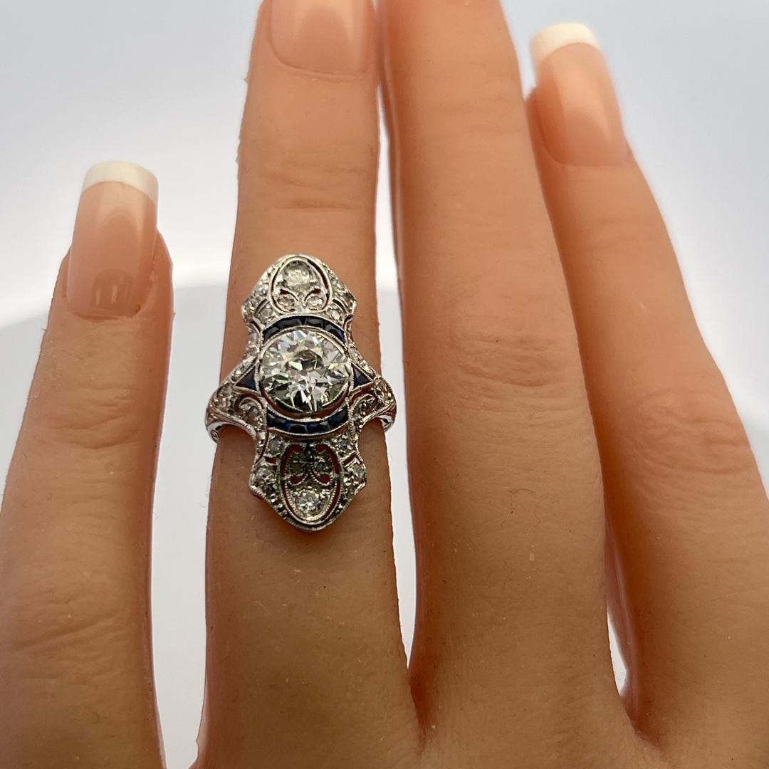 Platinum Art Deco Ring with 2.2 Carat Old European Cut Diamonds G-SI2 GIA Cert
