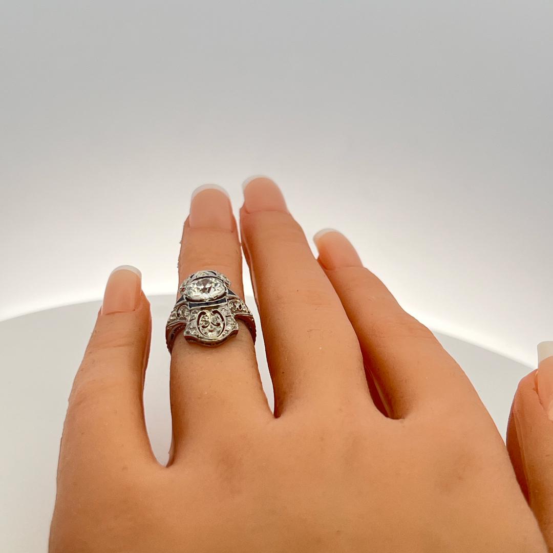 Platinum Art Deco Ring with 2.2 Carat Old European Cut Diamonds G-SI2 GIA Cert